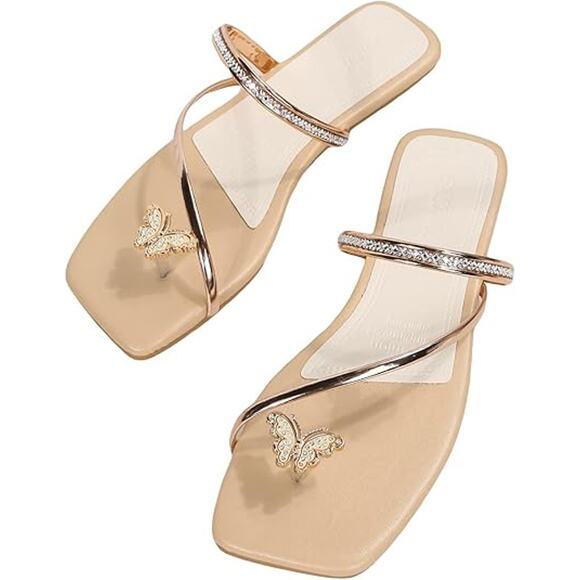 Gorglitter Womens 8.5 Butterfly Toe Strap Rhinestone Slide On Flip Flop Sandals - Picture 1 of 8